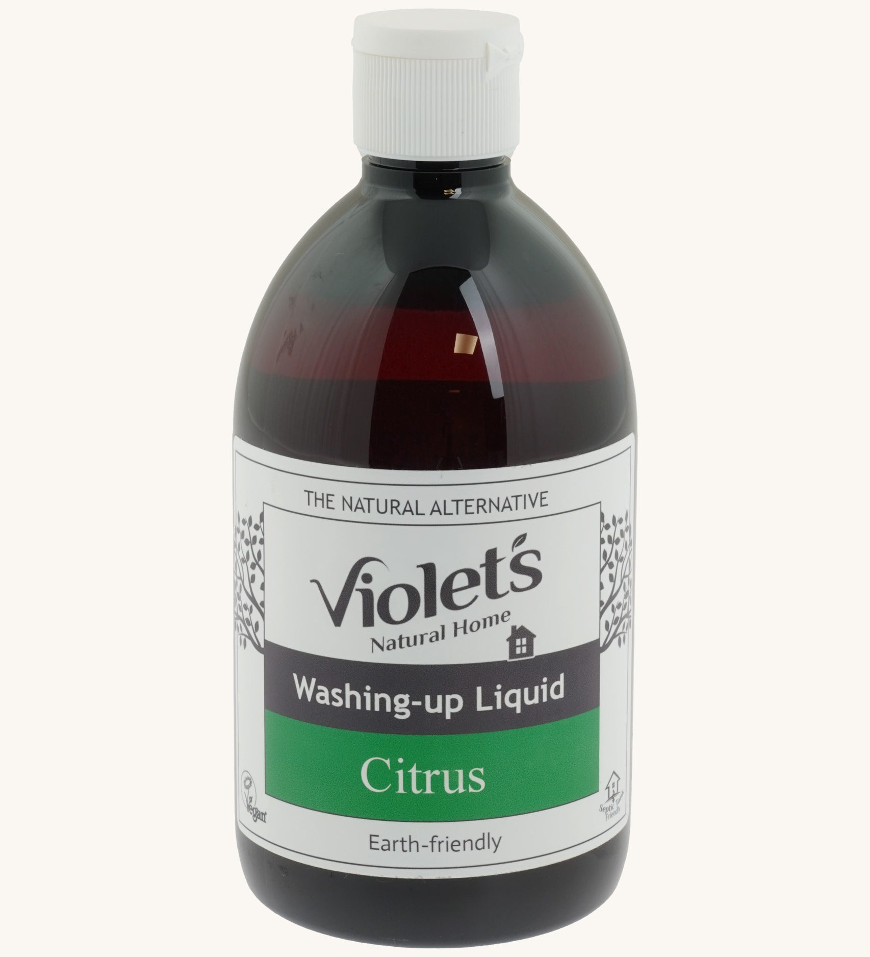 Violets 500ml washing up liquid in citrus fragrance in a brown tinted bottle and white cap