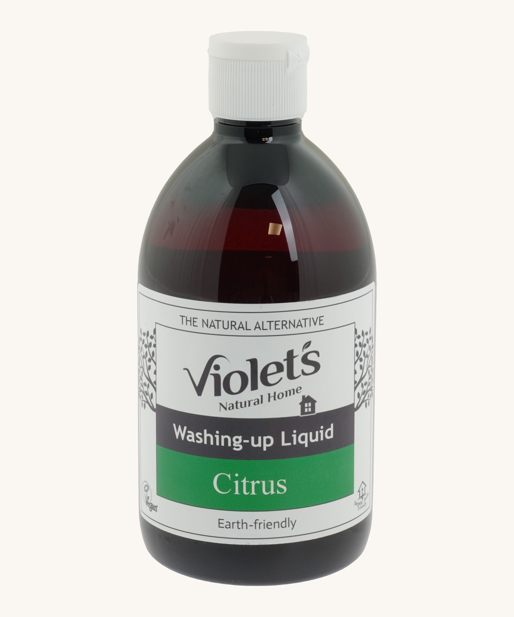 Violets 500ml washing up liquid in citrus fragrance in a brown tinted bottle and white cap