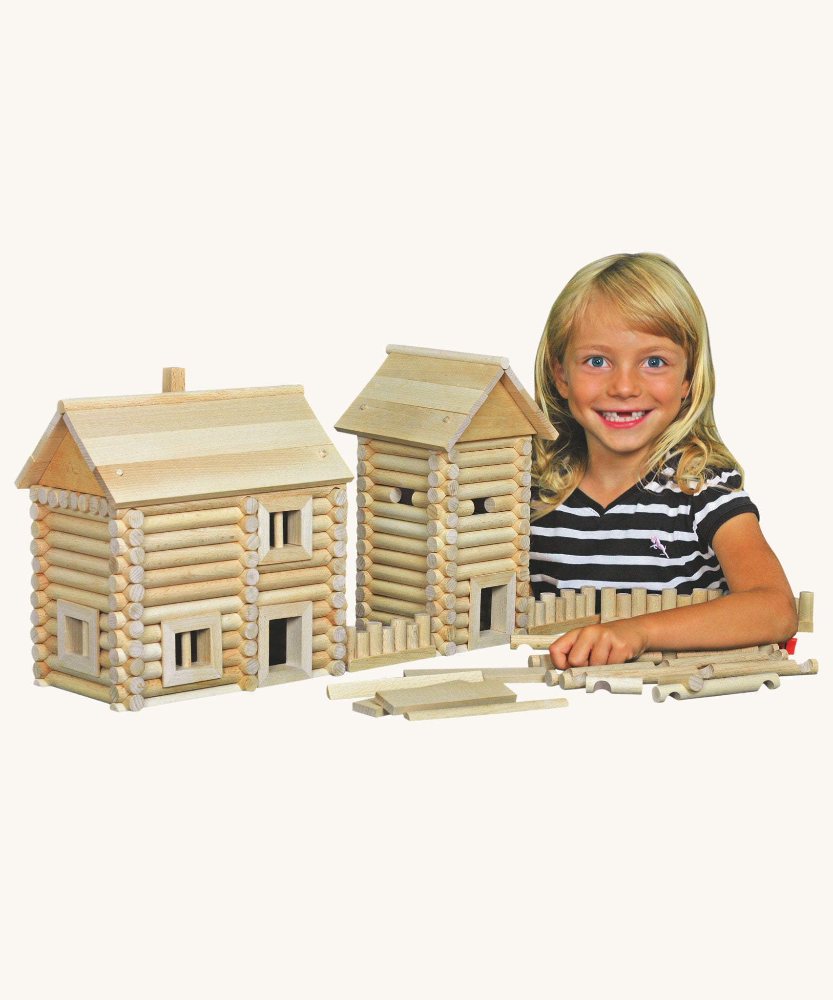 A child besides structures created using pieces from the Walachia Vario Massive Wooden Building Set containing 209 Pieces. This modular wooden building block system is perfect for those who enjoy a challenge. The sets are available in various sizes at Babipur.  