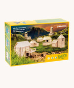 Walachia Vario XL Building Set 184 Pieces in the box. The front of the box shows various build that can be created using this set.  This modular wooden building block system is perfect for those who enjoy a challenge. The sets are available in various sizes at Babipur.  
