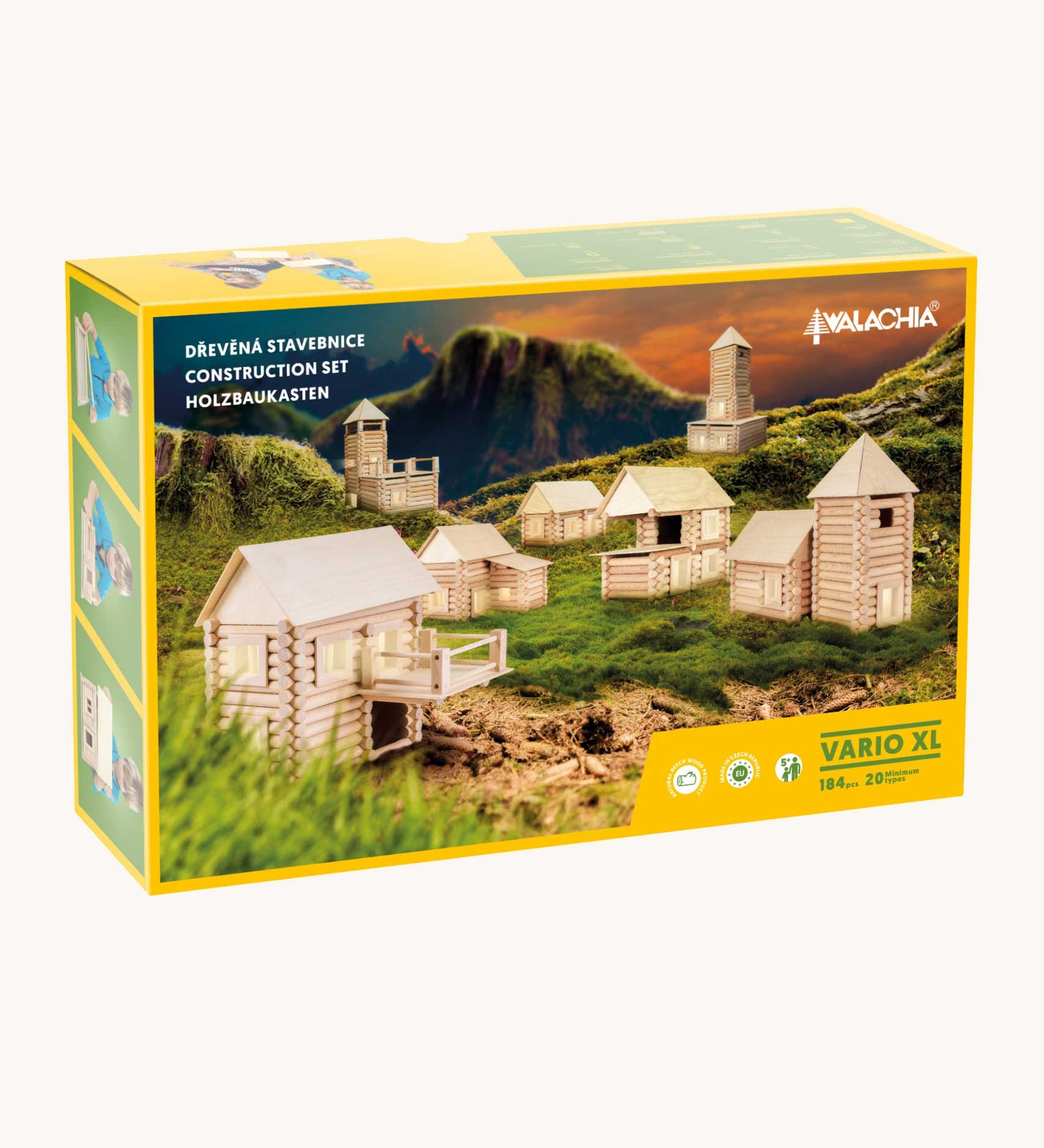 Walachia Vario XL Building Set 184 Pieces in the box. The front of the box shows various build that can be created using this set.  This modular wooden building block system is perfect for those who enjoy a challenge. The sets are available in various sizes at Babipur.  