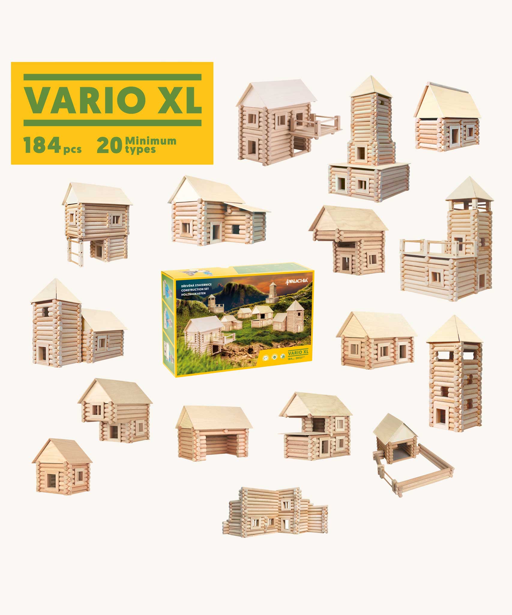 Various builds that can be created using the Walachia Vario XL Building Set 184 Pieces.  This modular wooden building block system is perfect for those who enjoy a challenge. The sets are available in various sizes at Babipur.  