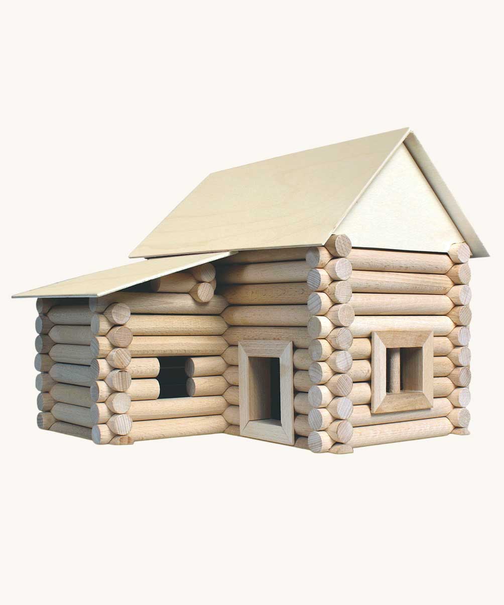 A log cabin type structure built using pieces from the Walachia Vario XL Building Set 184 Pieces.  This modular wooden building block system is perfect for those who enjoy a challenge. The sets are available in various sizes at Babipur.  