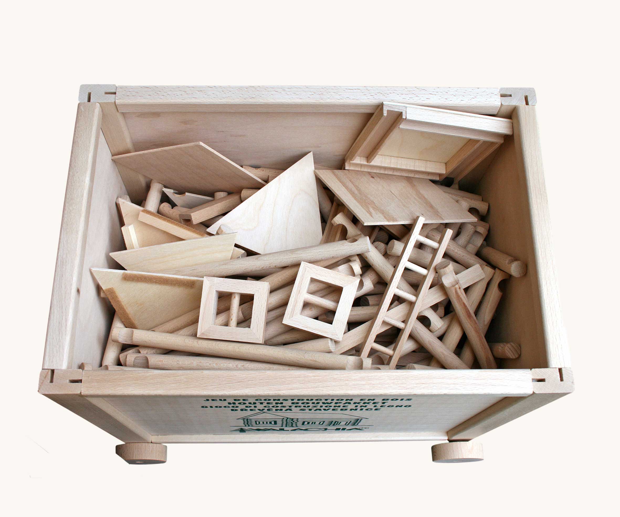 An open crate containing the Walachia Vario Box & Fort Building Set 450 Pieces. The blocks are supplied in a large wooden storage case. There are three different builds around the wooden crate. This modular wooden building block system is perfect for those who enjoy a challenge. The sets are available in various sizes at Babipur. 