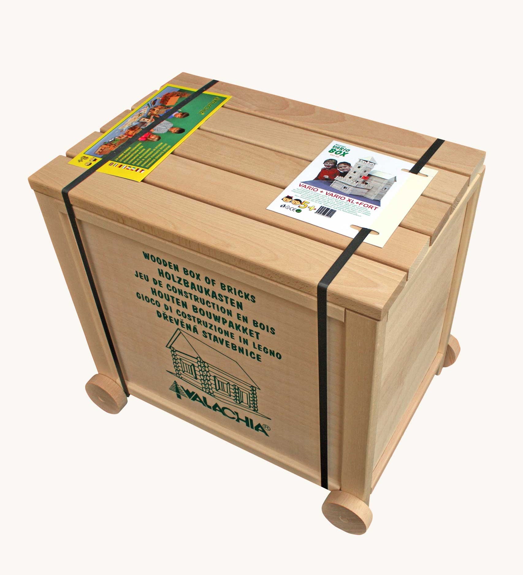 Walachia Vario Box & Fort Building Set 450 Pieces. The blocks are supplied in a large wooden storage case. This modular wooden building block system is perfect for those who enjoy a challenge. The sets are available in various sizes at Babipur. 