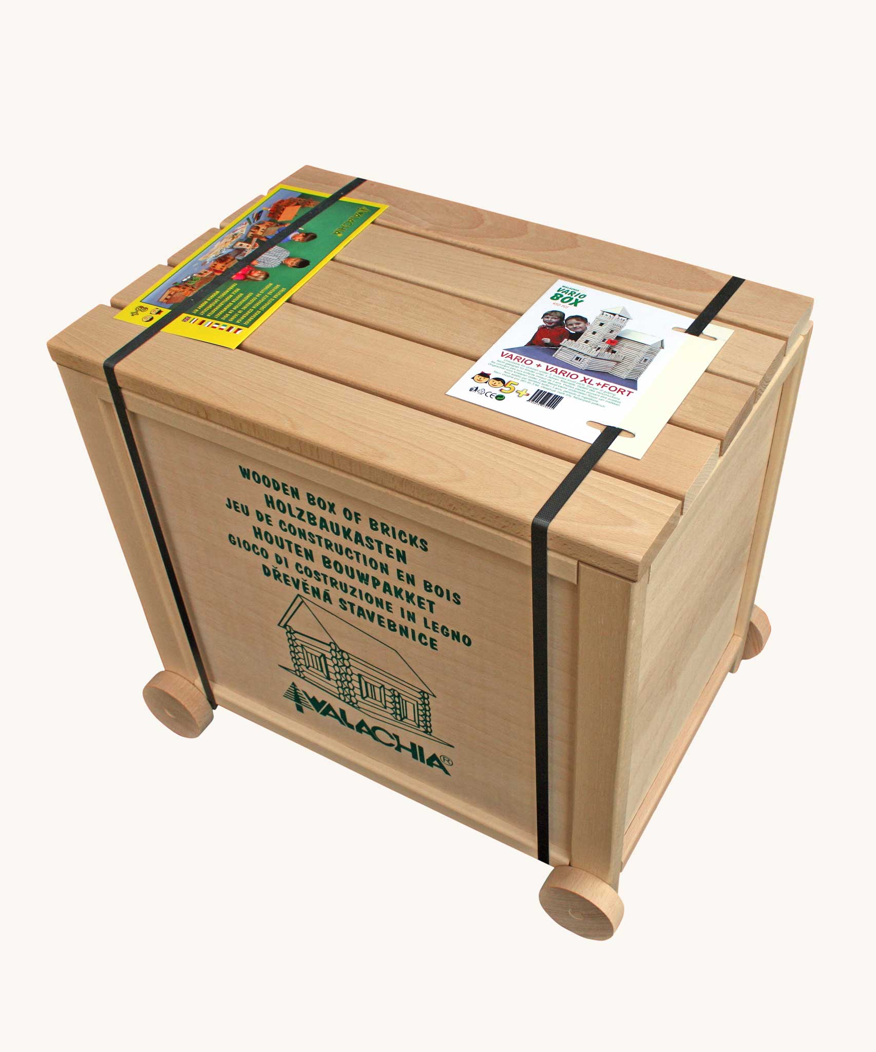 Walachia Vario Box & Fort Building Set 450 Pieces. The blocks are supplied in a large wooden storage case. This modular wooden building block system is perfect for those who enjoy a challenge. The sets are available in various sizes at Babipur. 