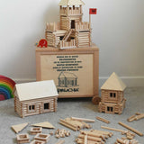 Walachia Vario Box & Fort Building Set 450 Pieces. The blocks are supplied in a large wooden storage case. There are three different builds around the wooden crate. This modular wooden building block system is perfect for those who enjoy a challenge. The sets are available in various sizes at Babipur. 
