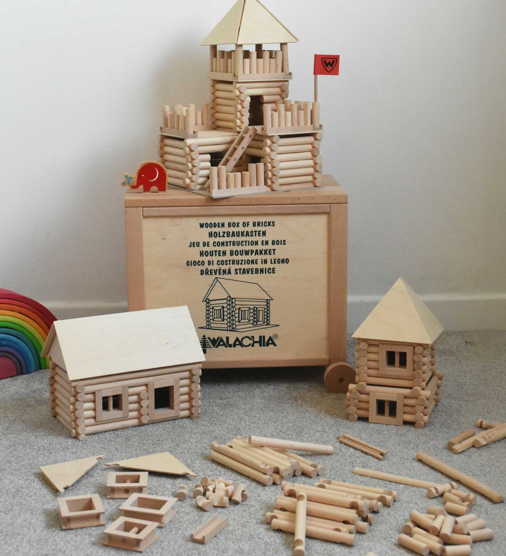 Walachia Vario Box & Fort Building Set 450 Pieces. The blocks are supplied in a large wooden storage case. There are three different builds around the wooden crate. This modular wooden building block system is perfect for those who enjoy a challenge. The sets are available in various sizes at Babipur. 