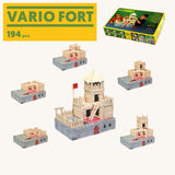 The different stages of a fort build using the  Walachia Vario Fort Building Set 194 Pieces. This modular wooden building block system is perfect for those who enjoy a challenge. The sets are available in various sizes at Babipur. 