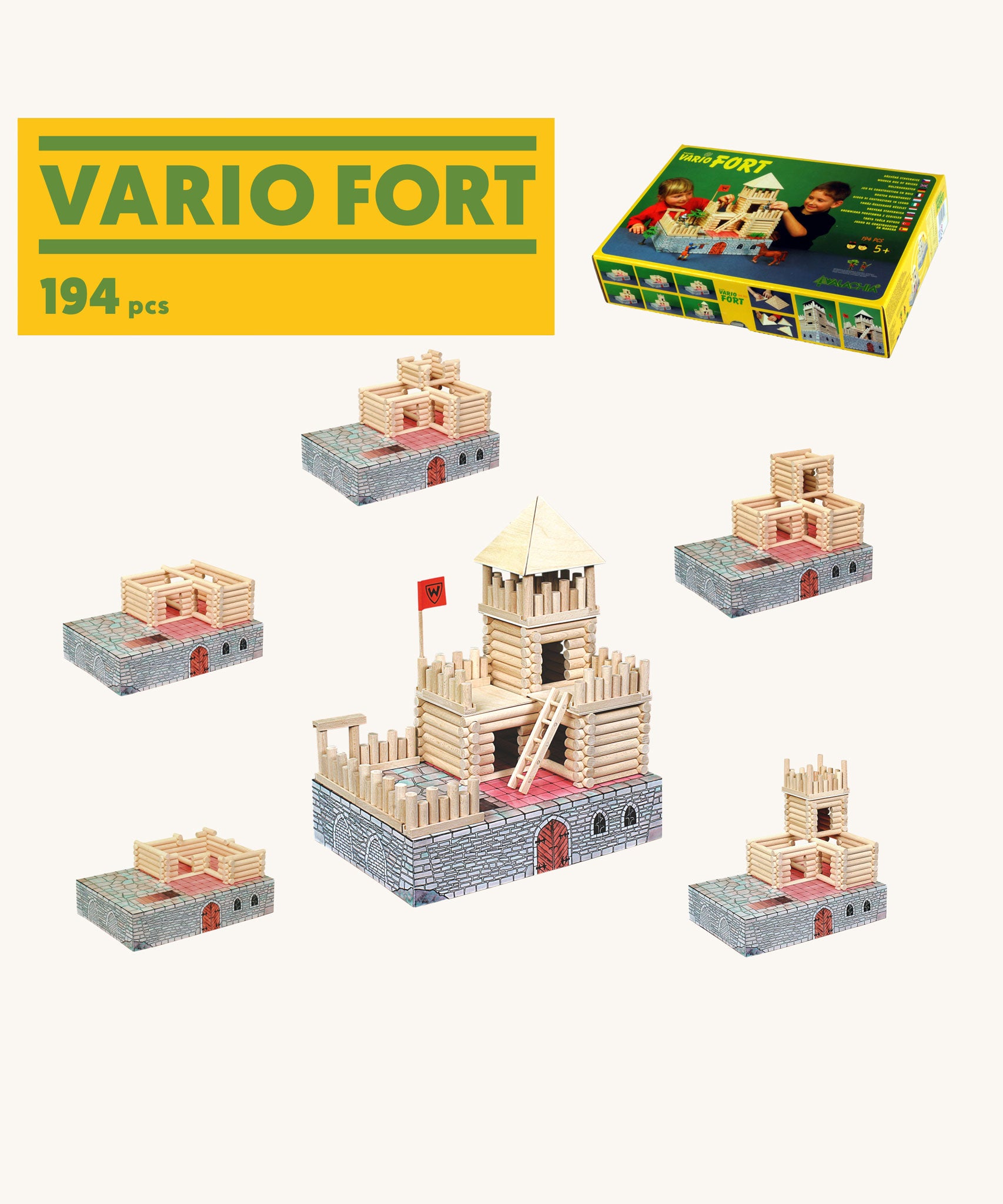 The different stages of a fort build using the  Walachia Vario Fort Building Set 194 Pieces. This modular wooden building block system is perfect for those who enjoy a challenge. The sets are available in various sizes at Babipur. 