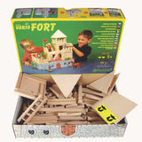 The Walachia Vario Fort Building Set 194 Pieces shown in it's box with the lid lifted off. This modular wooden building block system is perfect for those who enjoy a challenge. The sets are available in various sizes at Babipur. 