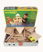The Walachia Vario Fort Building Set 194 Pieces shown in it's box with the lid lifted off. This modular wooden building block system is perfect for those who enjoy a challenge. The sets are available in various sizes at Babipur. 