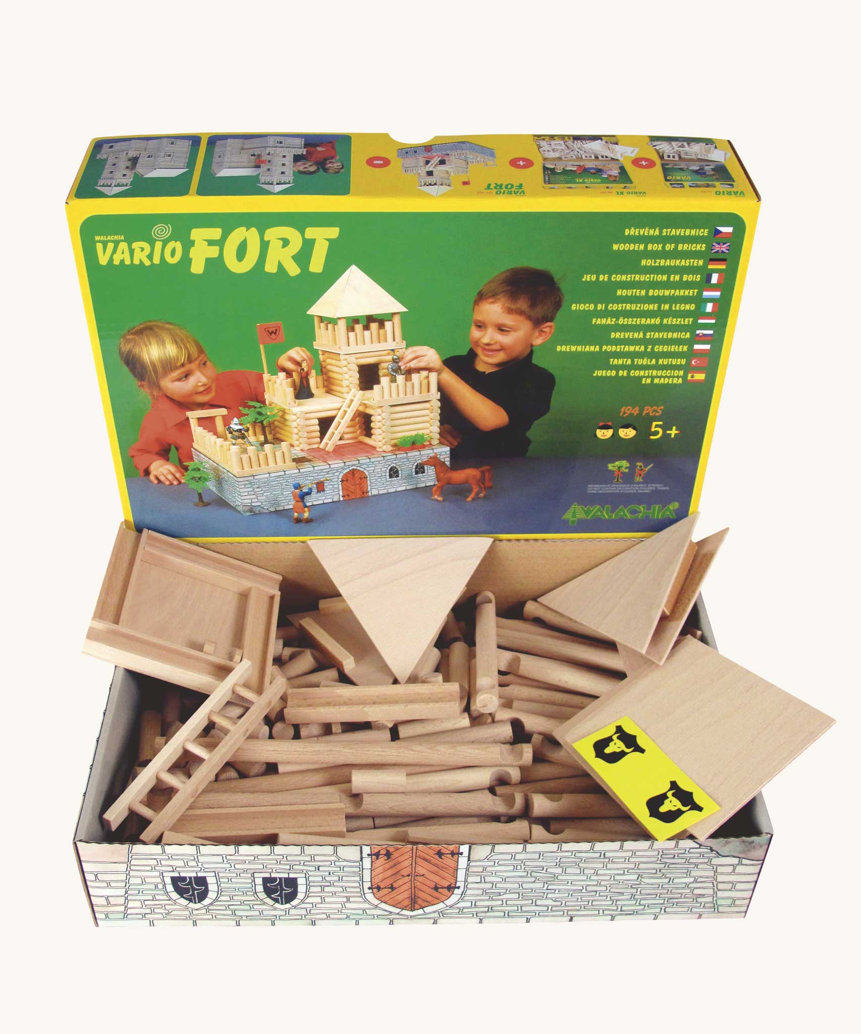 The Walachia Vario Fort Building Set 194 Pieces shown in it's box with the lid lifted off. This modular wooden building block system is perfect for those who enjoy a challenge. The sets are available in various sizes at Babipur. 