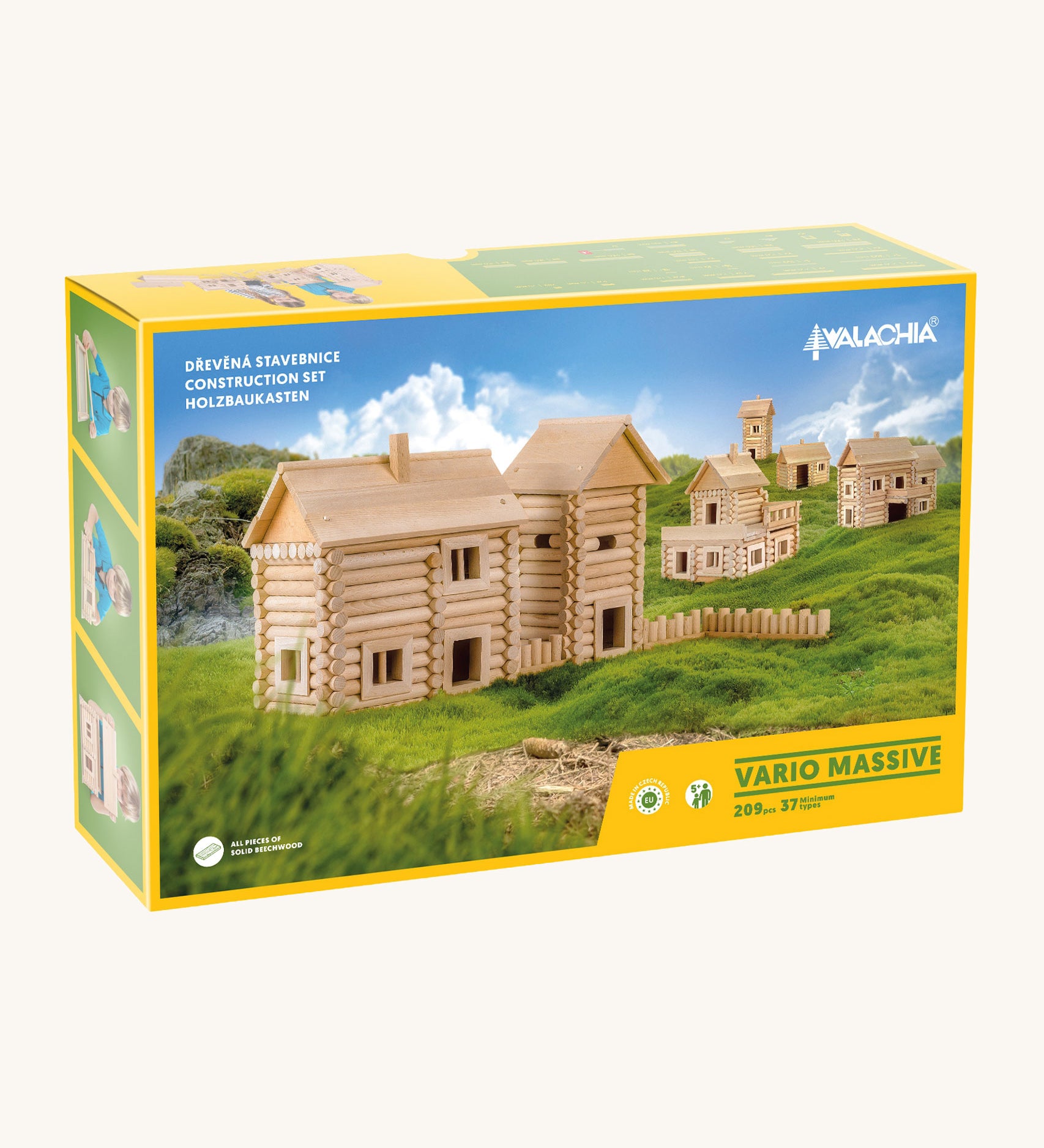 Walachia Vario Massive Wooden Building Set containing 209 Pieces. This modular wooden building block system is perfect for those who enjoy a challenge. The sets are available in various sizes at Babipur.  