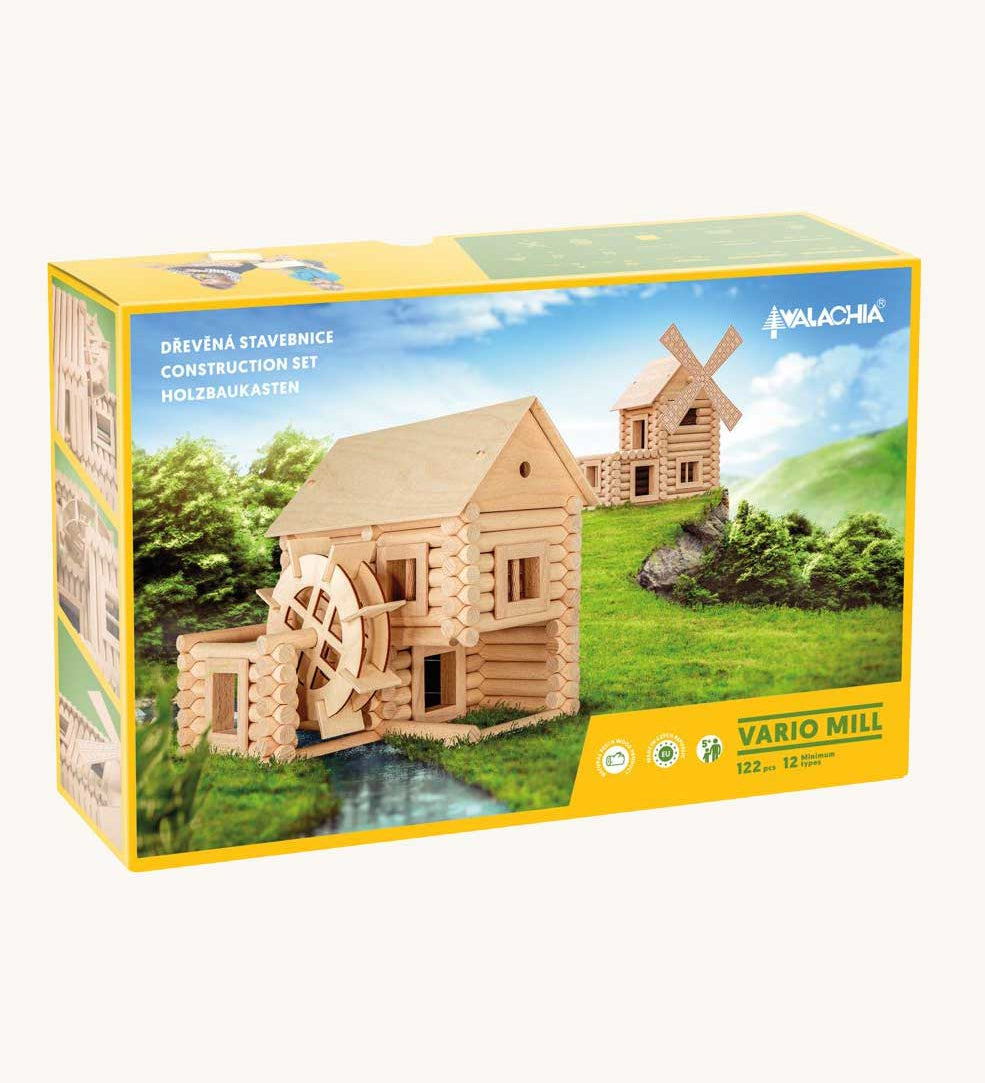 Walachia Vario Mill Wooden Building Set 122 Pieces in the box.  This modular wooden building block system is perfect for those who enjoy a challenge. The sets are available in various sizes at Babipur.  
