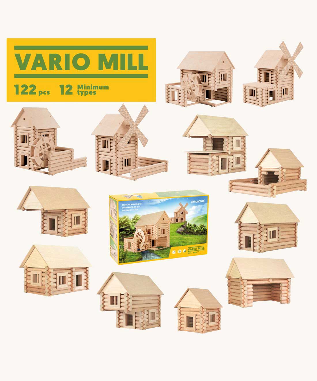 Various builds that can be built using the Walachia Vario Mill Wooden Building Set 122 Pieces. This modular wooden building block system is perfect for those who enjoy a challenge. The sets are available in various sizes at Babipur.  