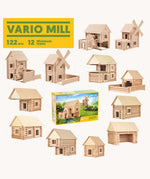 Various builds that can be built using the Walachia Vario Mill Wooden Building Set 122 Pieces. This modular wooden building block system is perfect for those who enjoy a challenge. The sets are available in various sizes at Babipur.  