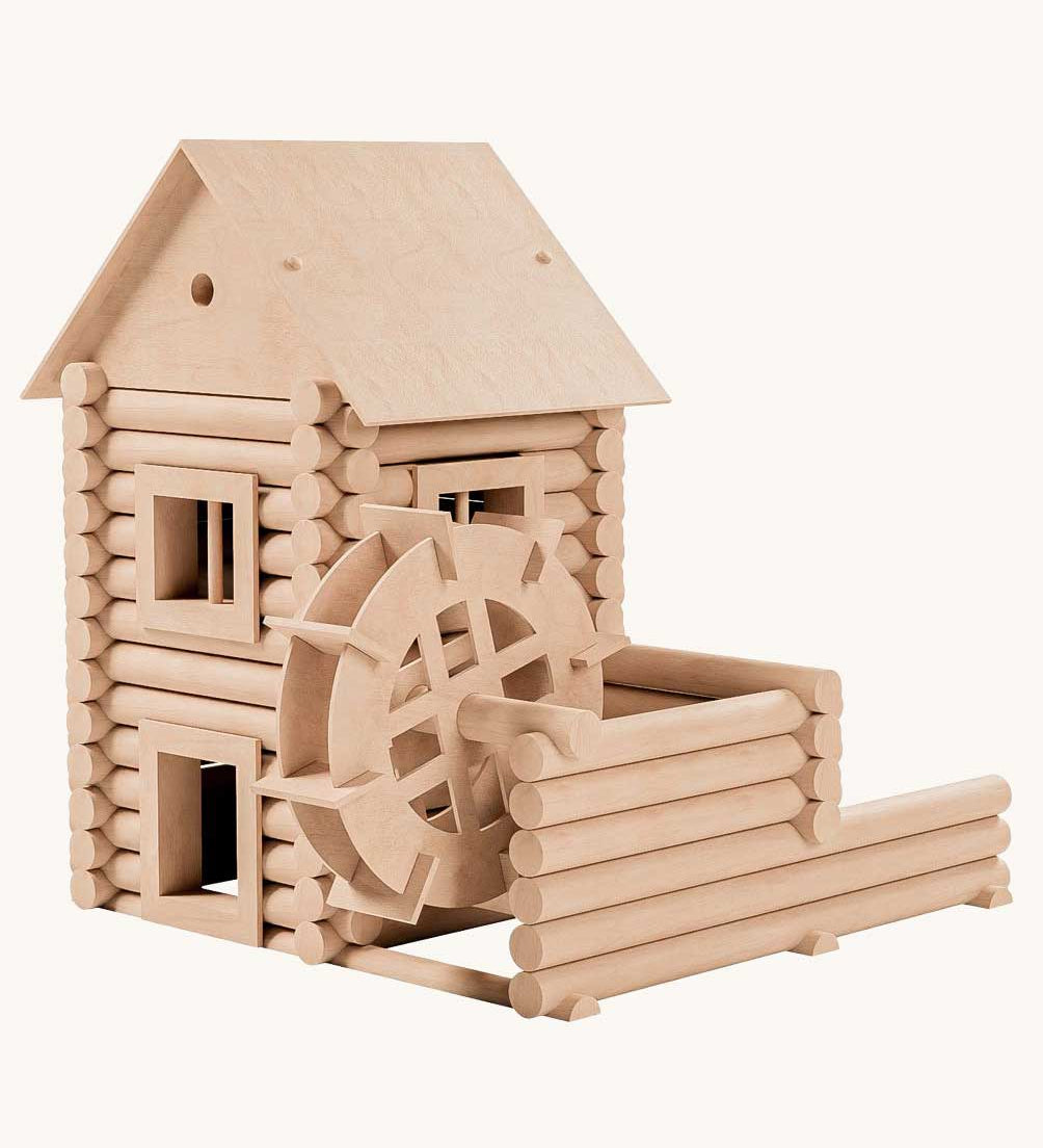 A water mill built using the Walachia Vario Mill Wooden Building Set 122 Pieces. This modular wooden building block system is perfect for those who enjoy a challenge. The sets are available in various sizes at Babipur.  