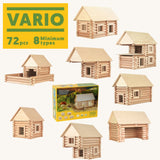 Example builds that can be created using the Walachia Vario Building Set 72 Pieces. This modular wooden building block system is perfect for those who enjoy a challenge. The sets are available in various sizes at Babipur. 
