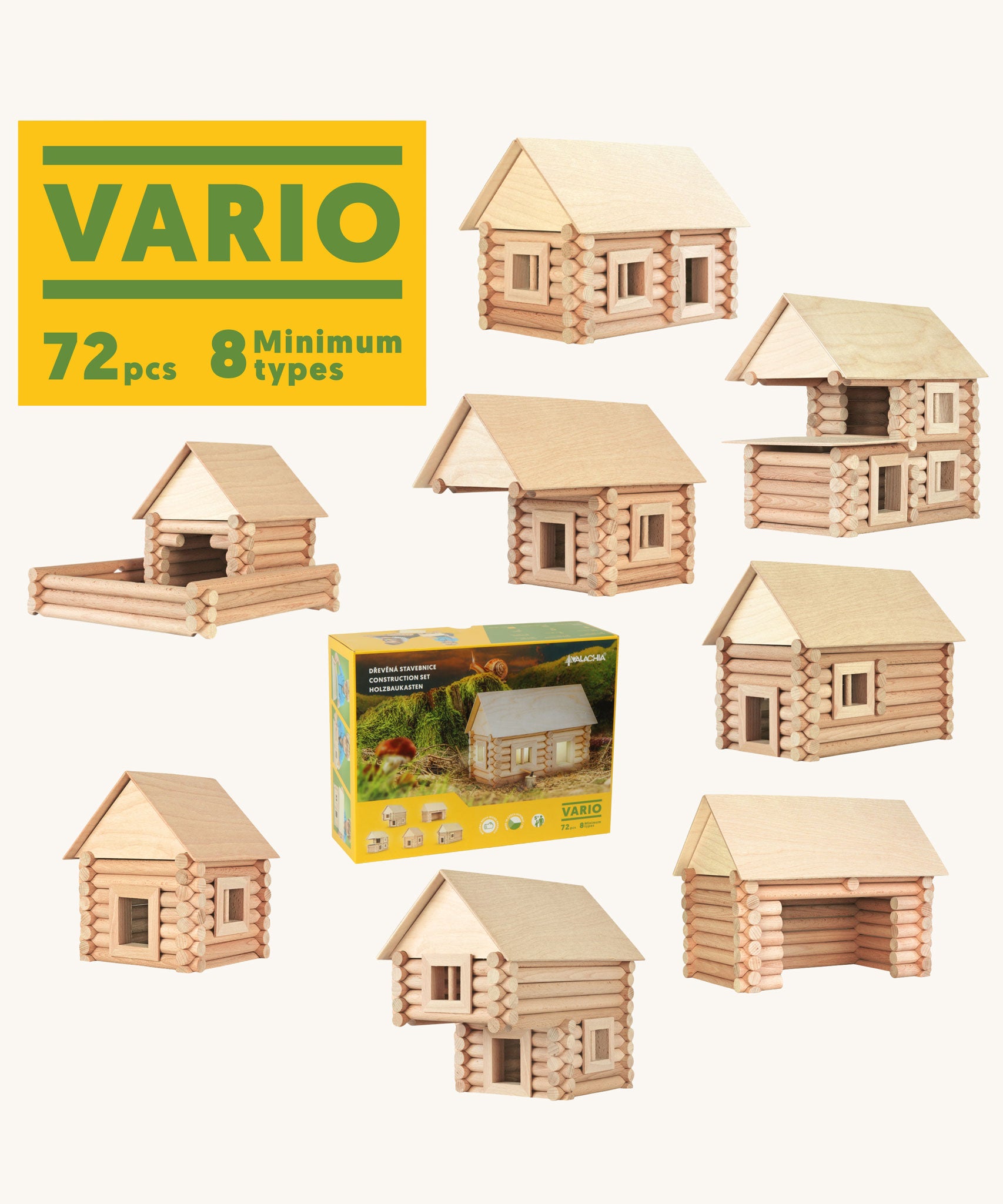 Example builds that can be created using the Walachia Vario Building Set 72 Pieces. This modular wooden building block system is perfect for those who enjoy a challenge. The sets are available in various sizes at Babipur. 