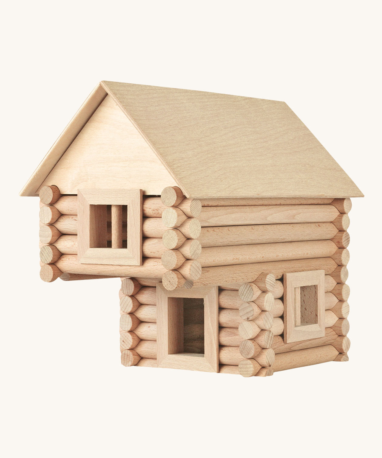 A wooden house structure created using the Walachia Vario Building blocks. This modular wooden building block system is perfect for those who enjoy a challenge. The sets are available in various sizes at Babipur. 