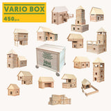 Some of the different builds that can be created with Walachia Vario Box & Fort Building Set 450 Pieces. The blocks are supplied in a large wooden storage case. There are three different builds around the wooden crate. This modular wooden building block system is perfect for those who enjoy a challenge. The sets are available in various sizes at Babipur. 