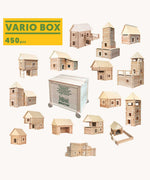 Some of the different builds that can be created with Walachia Vario Box & Fort Building Set 450 Pieces. The blocks are supplied in a large wooden storage case. There are three different builds around the wooden crate. This modular wooden building block system is perfect for those who enjoy a challenge. The sets are available in various sizes at Babipur. 