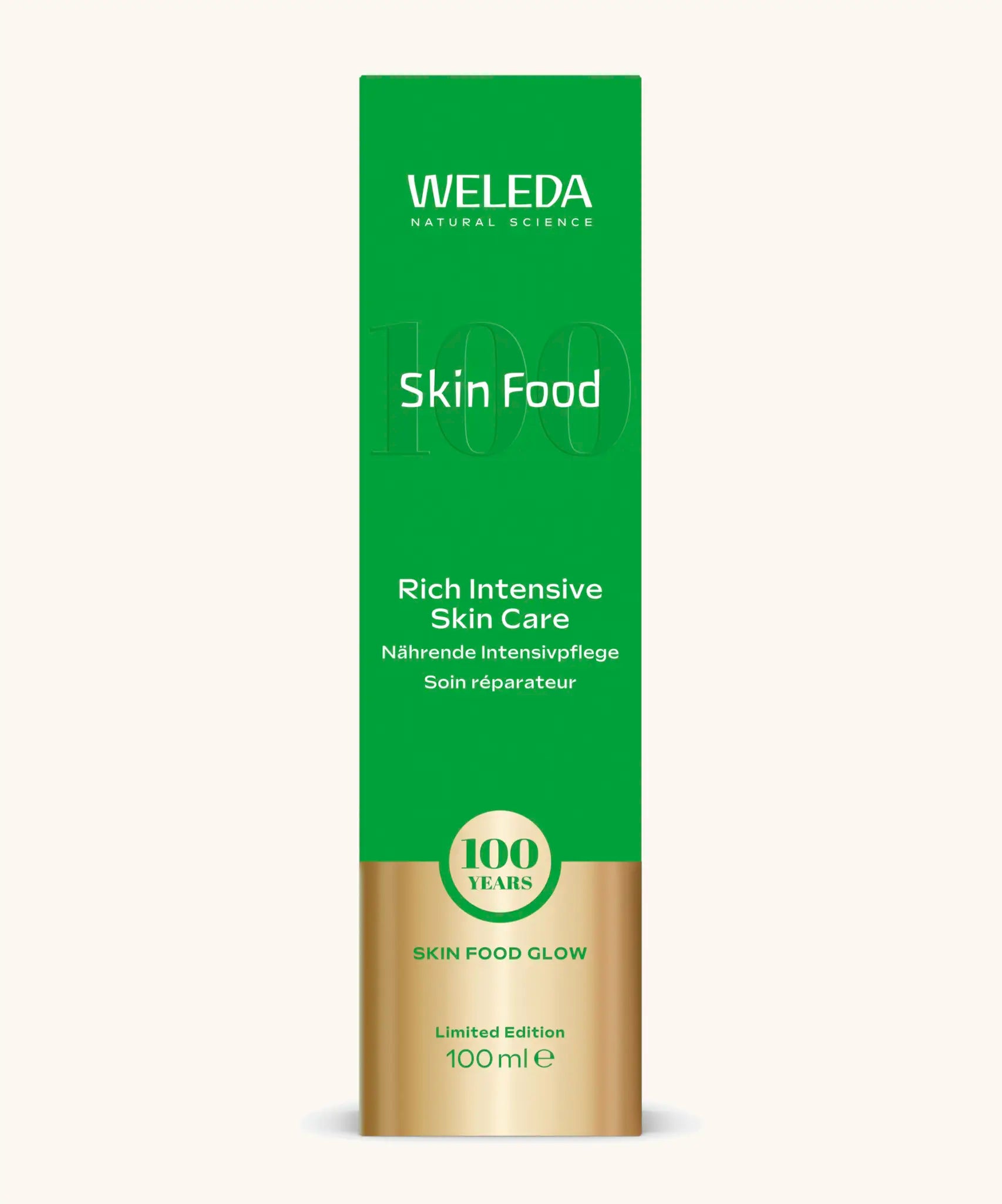A green and gold limited edition box for the Weleda 100ml skin food tube