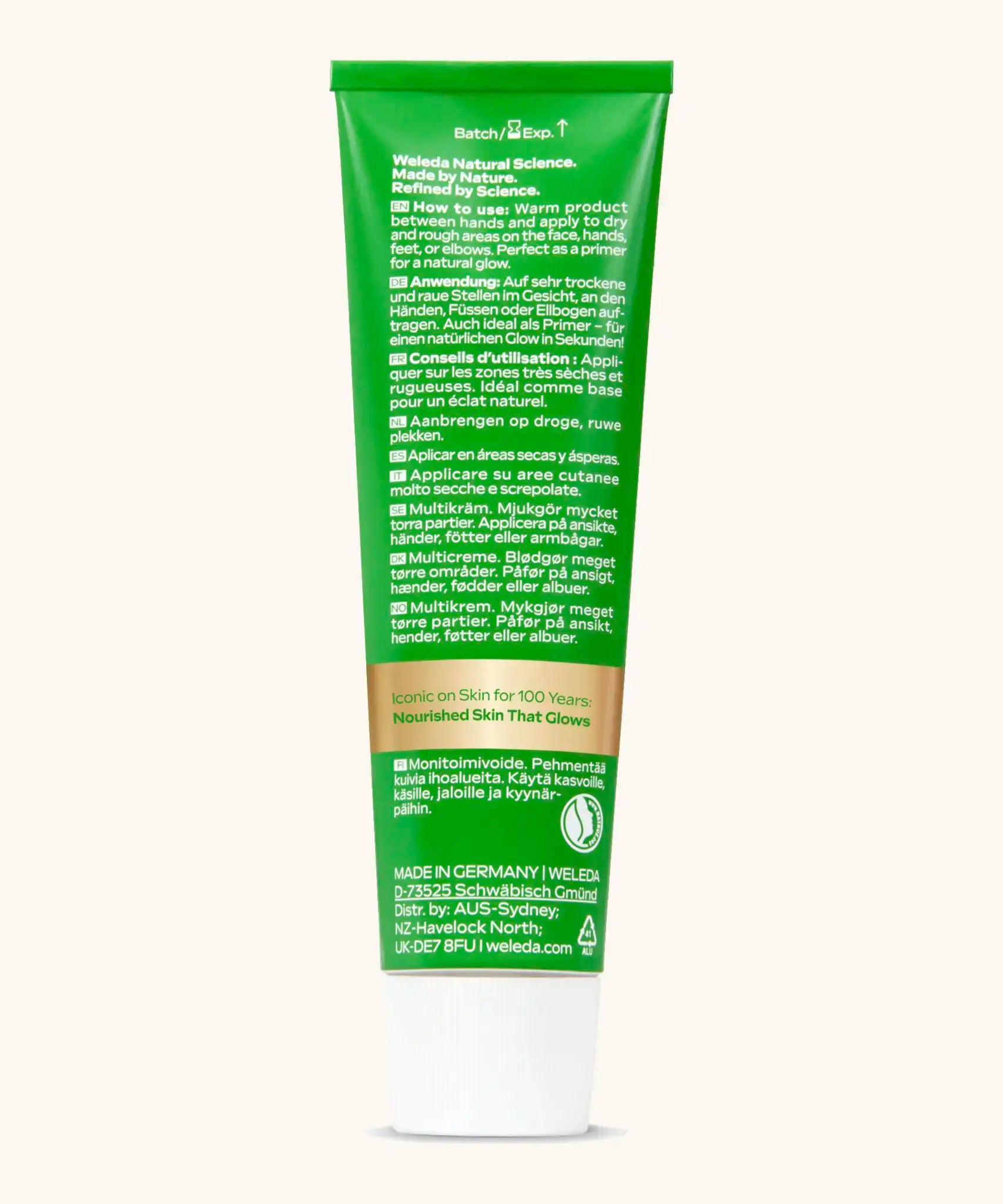 Back of the Weleda skin food in 100ml showing ingredients list and how to use