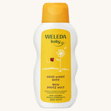 Weleda Baby Good Night Bath Soak in a white bottle, with yellow label highlighting 100% natural ingredients and organic calendula and lavender