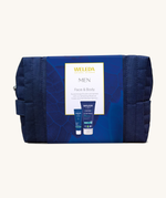 Weleda Men’s Face and Body Skincare Gift Set featuring natural and organic skincare for men, packaged in a navy reusable washbag with Active Fresh 3 in 1 Shower Gel and Men’s Moisture Cream pictured on the front label.