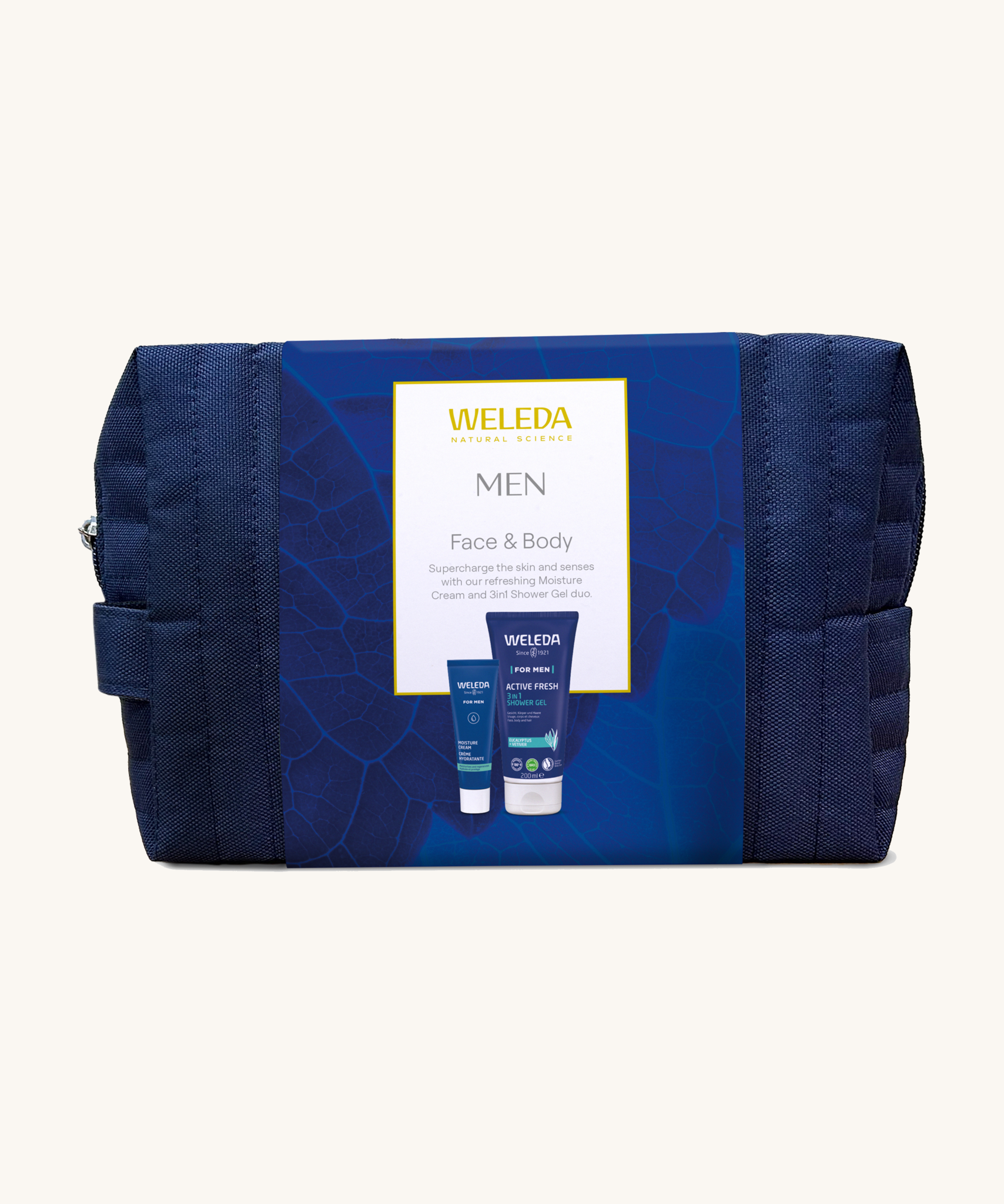 Weleda Men’s Face and Body Skincare Gift Set featuring natural and organic skincare for men, packaged in a navy reusable washbag with Active Fresh 3 in 1 Shower Gel and Men’s Moisture Cream pictured on the front label.