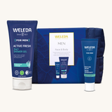 Weleda Men’s Face and Body Skincare Gift Set with natural and organic men’s skincare, showing the Active Fresh 3 in 1 Shower Gel, Men’s Moisture Cream, and navy reusable washbag arranged together.