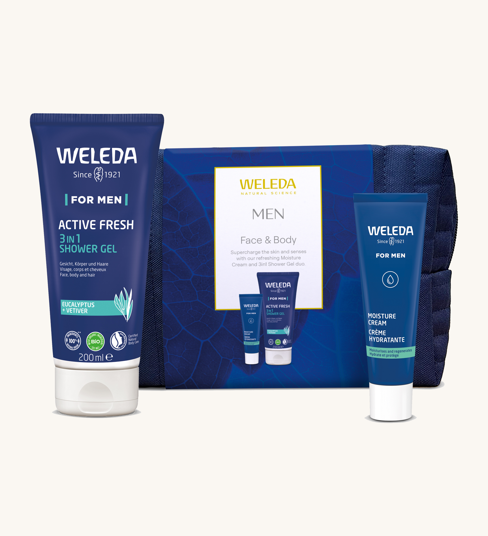 Weleda Men’s Face and Body Skincare Gift Set with natural and organic men’s skincare, showing the Active Fresh 3 in 1 Shower Gel, Men’s Moisture Cream, and navy reusable washbag arranged together.