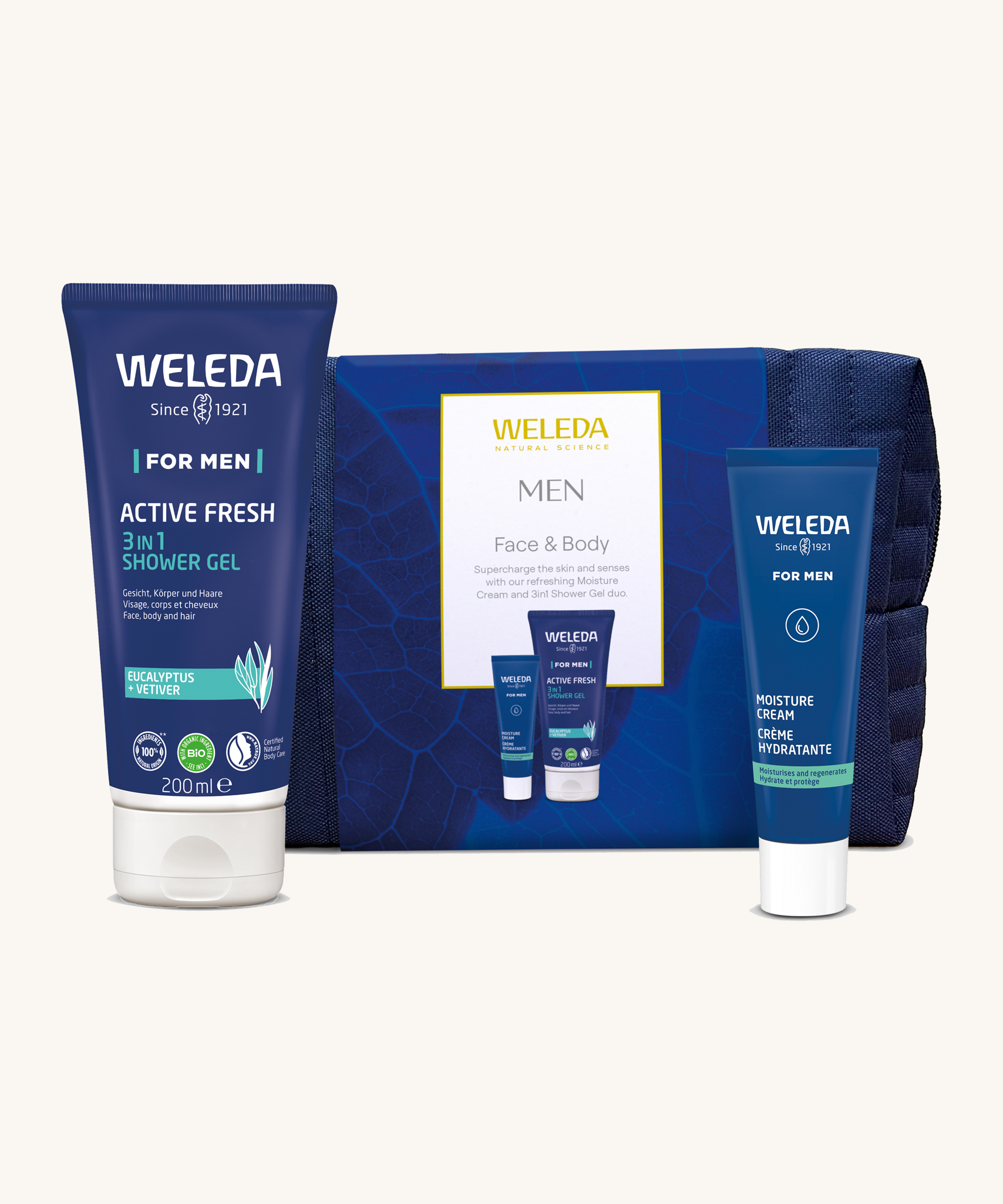 Weleda Men’s Face and Body Skincare Gift Set with natural and organic men’s skincare, showing the Active Fresh 3 in 1 Shower Gel, Men’s Moisture Cream, and navy reusable washbag arranged together.