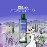 Weleda Relax Shower Cream Lavender 400ml shown on illustrated lavender landscape background with a woman collecting lavender. 