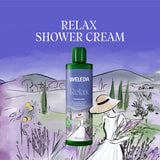 Weleda Relax Shower Cream Lavender 400ml shown on illustrated lavender landscape background with a woman collecting lavender. 