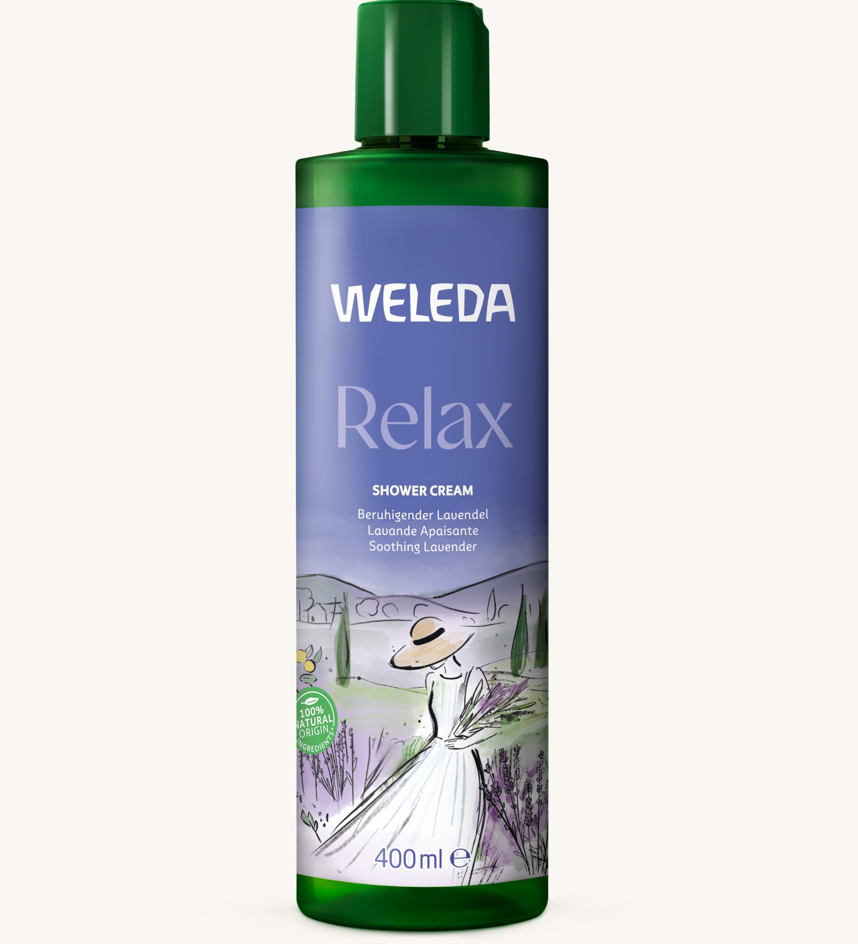 Weleda Relax Shower Cream Lavender 400ml bottle with watercolour illustration of a women in a lavender field on label.