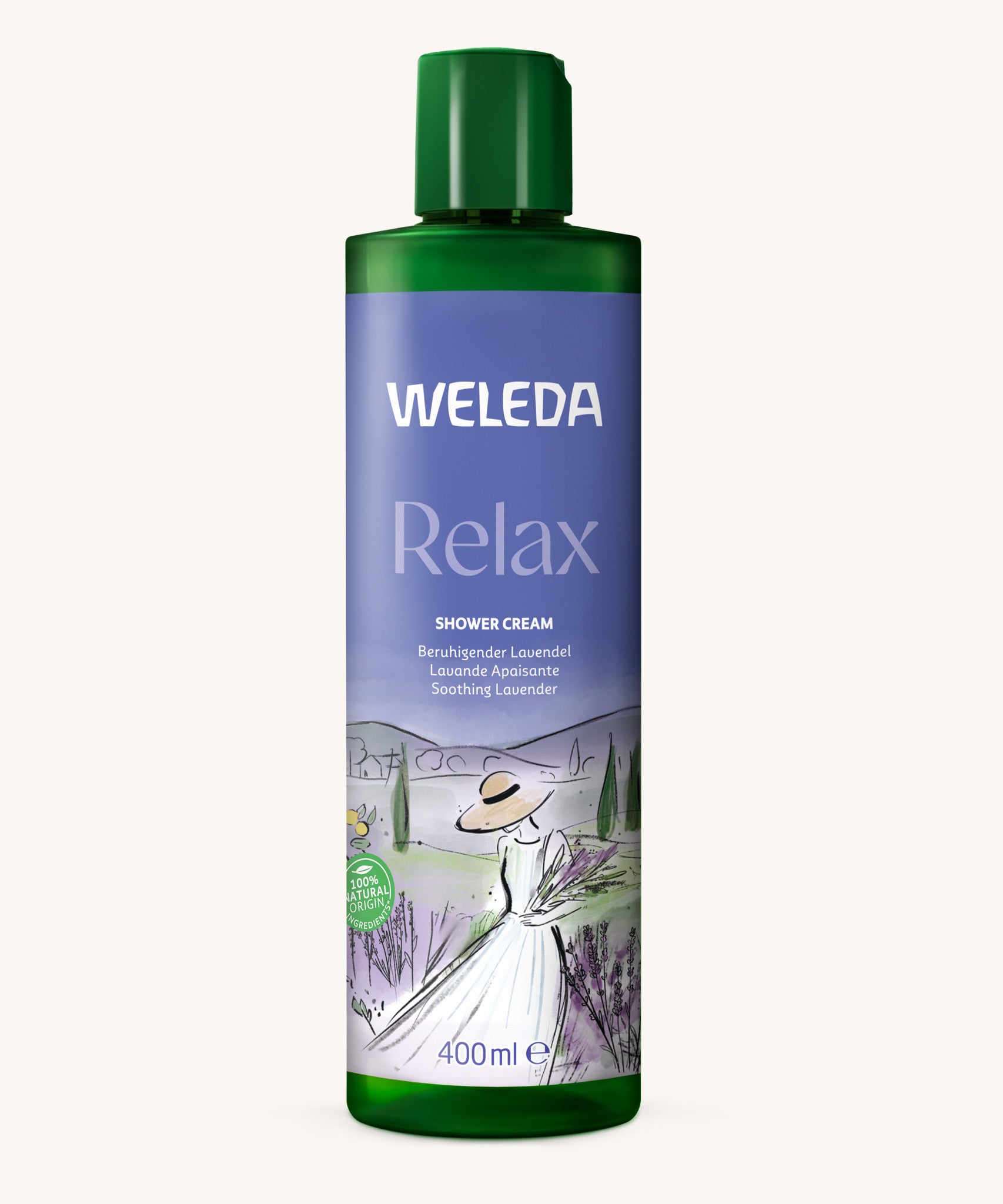 Weleda Relax Shower Cream Lavender 400ml bottle with watercolour illustration of a women in a lavender field on label.