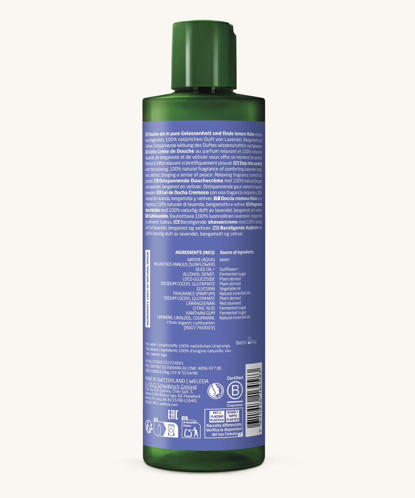 Back of Weleda Relax Shower Cream Lavender 400ml showing natural origin ingredients and product information.