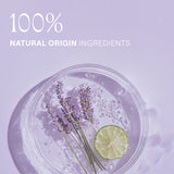 Graphic showing 100% natural origin ingredients for Weleda Relax Shower Cream Lavender with lavender sprigs and citrus slice.