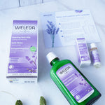 Weleda Relax & Unwind Wellbeing Gift Set - Lavender.  This luxurious lavender gift set includes Lavender Relaxing Bath Milk 200ml and a mini Lavender Relaxing Body Oil 10ml. Also pictured is the bath milk and oil packaging packaging and a self care sheet.