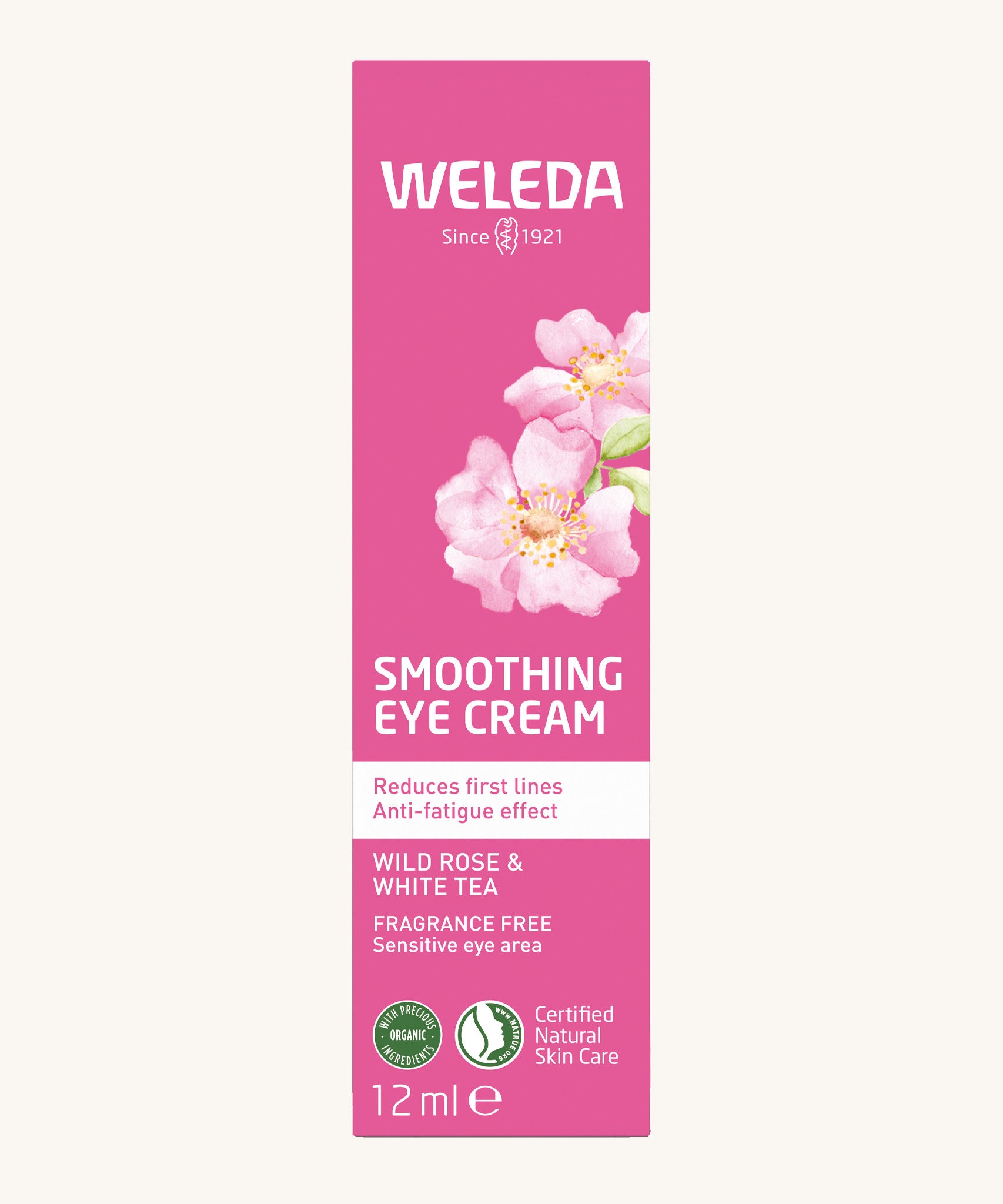 Weleda 12ml wild rose and white tea soothing eye cream. Showing the pink packaging with branding on the front 