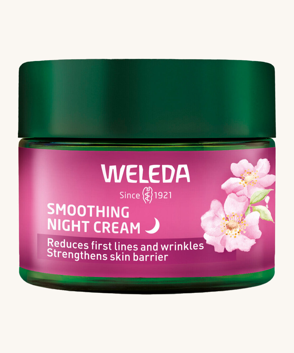 Weleda rose and white tea soothing night cream in a 40ml green jar showing the pink brand sticker