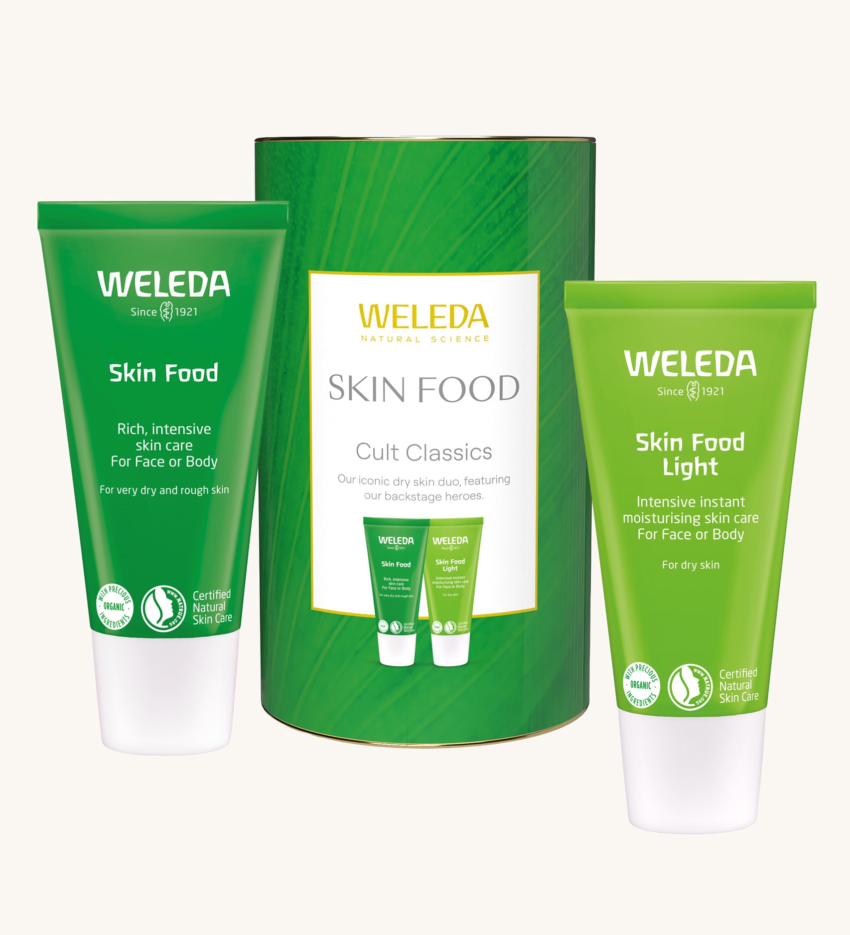 Weleda Skin Food Cult Classics Gift Set. The Weleda skin food and skin food light presented in a tube. Weleda have a range of luxurious, natural skin care items available at Babipur. 
