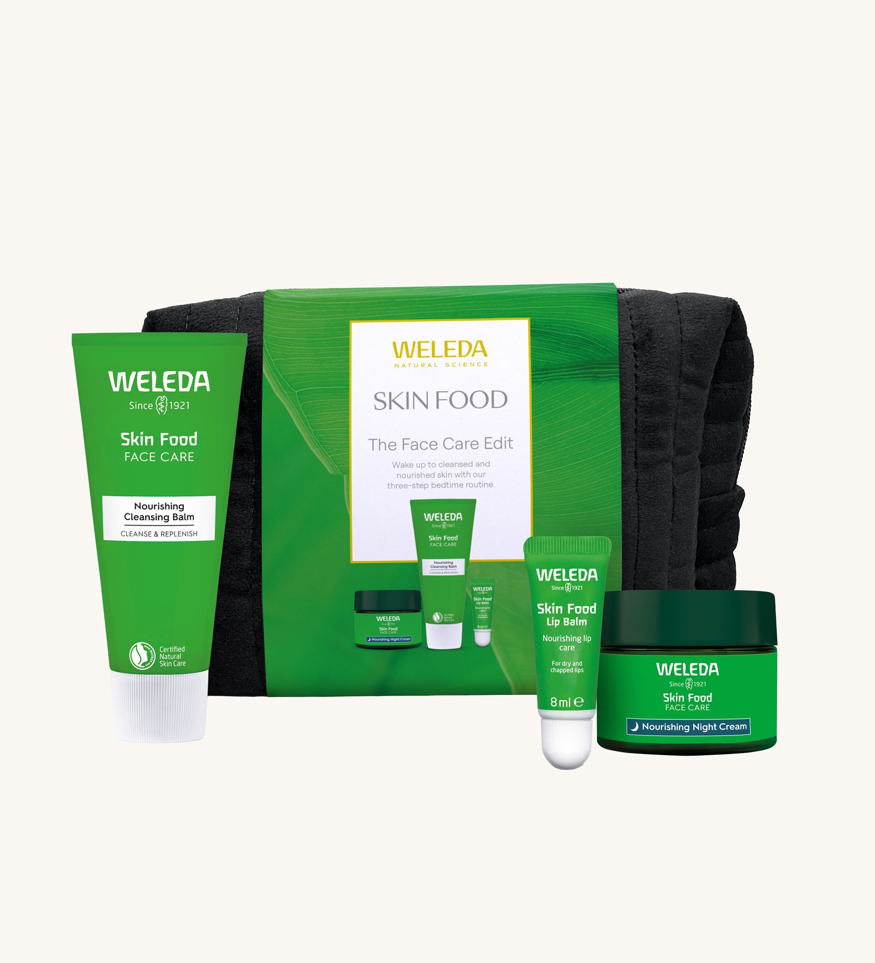 Weleda Skin Food - The Face Care Edit Gift Set. A Weleda gift set that includes the Skin Food nourishing cleansing balm, lip balm and night cream, all presented in a make up bag. Weleda have a range of luxurious, natural skin care items available at Babipur. 