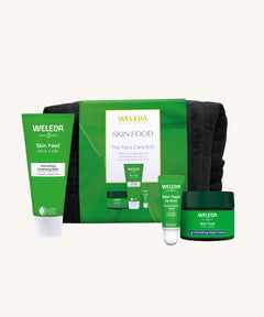 Weleda Skin Food - The Face Care Edit Gift Set. A Weleda gift set that includes the Skin Food nourishing cleansing balm, lip balm and night cream, all presented in a make up bag. Weleda have a range of luxurious, natural skin care items available at Babipur. 