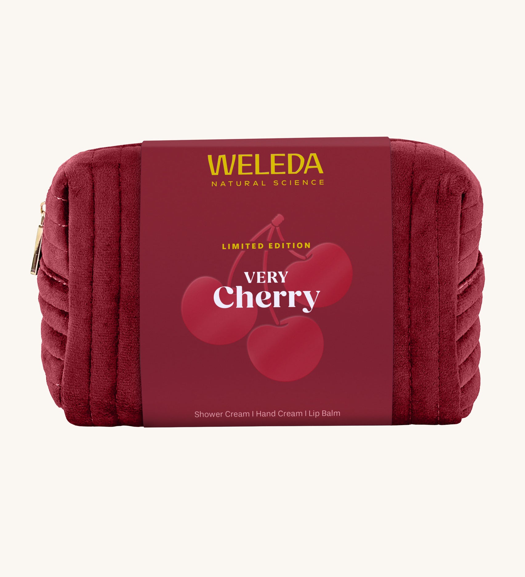 Weleda Very Cherry Gift Set. This limited edition gift set comes with a luxury shower cream, hand cream and a lip balm all in a red coloured make up bag. Weleda have a range of luxurious, natural skin care items available at Babipur. 