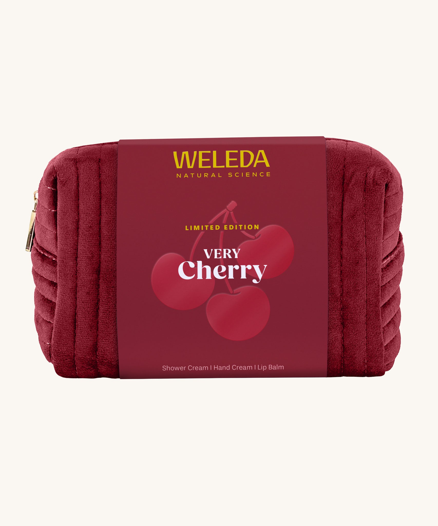 Weleda Very Cherry Gift Set. This limited edition gift set comes with a luxury shower cream, hand cream and a lip balm all in a red coloured make up bag. Weleda have a range of luxurious, natural skin care items available at Babipur. 