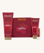 Weleda Very Cherry Gift Set. This limited edition gift set comes with a luxury shower cream, hand cream and a lip balm all in a red coloured make up bag. Weleda have a range of luxurious, natural skin care items available at Babipur. 